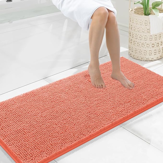 Smiry Luxury Chenille Bathroom Rugs 47x20, Extra Soft and Absorbent Shaggy Bath Mat, Machine Washable, Non-Slip Plush Carpet Runner for Tub, Shower, and Floor, Home Decor Accessories, Coral by Smiry