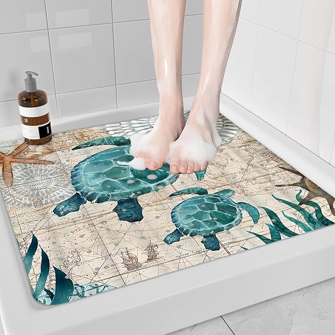 Sea Turtle Square Anti Slip Shower Mats for Inside Shower Accessories, Cute Bath Mats for Bathroom Non Slip Shower Floor Mat Decor Rubber Bathmat With Suction and Drain Holes Machine Washable, 21″X21″ - Image 5