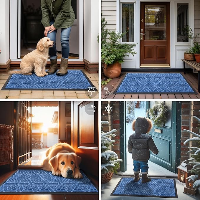 Smiry Front Door Mat Outside Entrance, Heavy Duty Sturdy Natural Rubber Doormat, Trap Dirt and Moisture, Easy Clean Low Profile Mats for Indoor Outdoor Entry, Grid Geometric (35x23, Blue) - Image 7