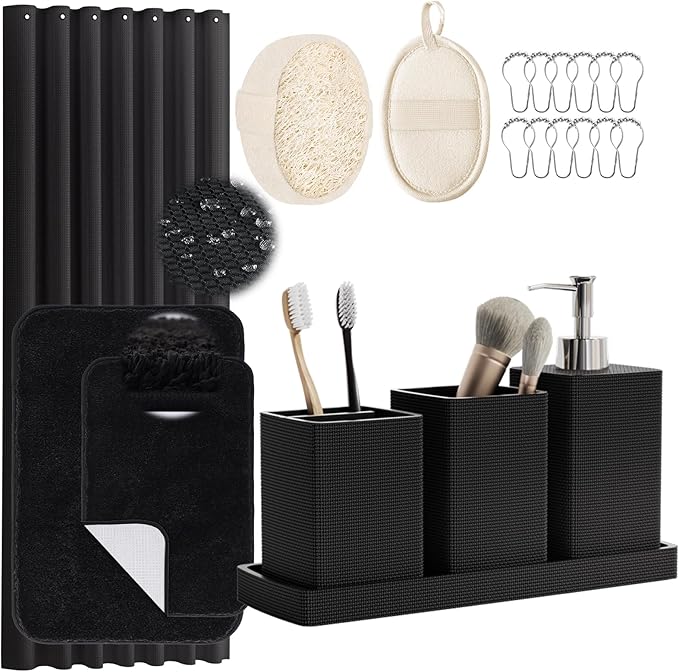 Black Bathroom Sets, Black Bathroom Accessories Set with Shower Curtain and No-Slip Bath Rugs, Natural Loofah Sponge, Soap Dispenser, Toothbrush Holder, Bathroom Tumbler and Tray for Bathroom by LetUsMakeHomeYourFavoriteDestination