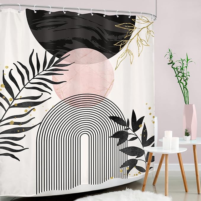 Black Pink Boho Shower Curtain Mid Century Modern Abstract Bohemian Minimalist Gold Leaves Sun Arch Geometric Plant 60Wx72H Bathroom Decor Neutral Bath Curtain Fabric Polyester 12 Pack Hooks - Image 3
