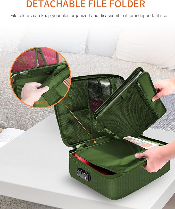 Noiposi Important Document Organizer, Waterproof and Fireproof Document Box with 7 Pockets File Folder,Portable Home Fire Safe Storage Box Case with Lock for Documents,File and Card,Green - Image 7