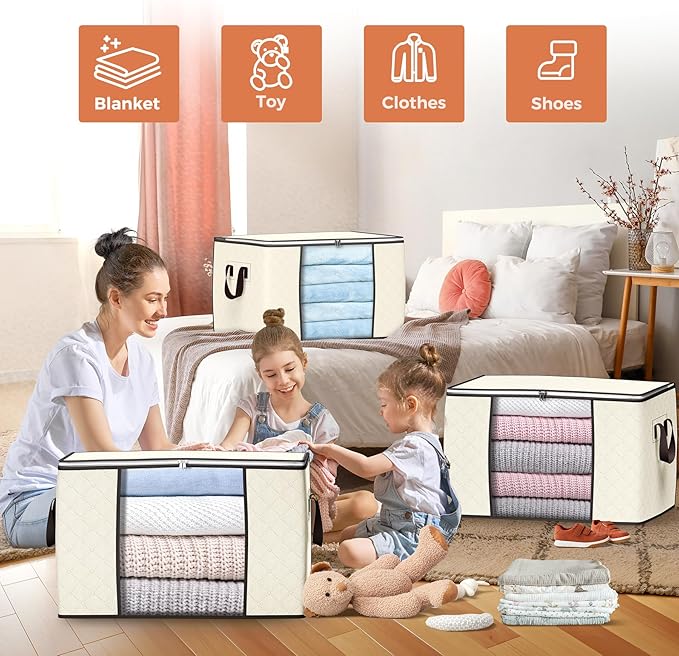 90 L Large Storage Bags, 6 Pack Clothes Storage Bins Foldable Closet Organizers Storage Containers with Reinforced Handle for Clothing, Blanket, Comforters, Bed Sheets, Pillows and Toys (Beige) - Image 3