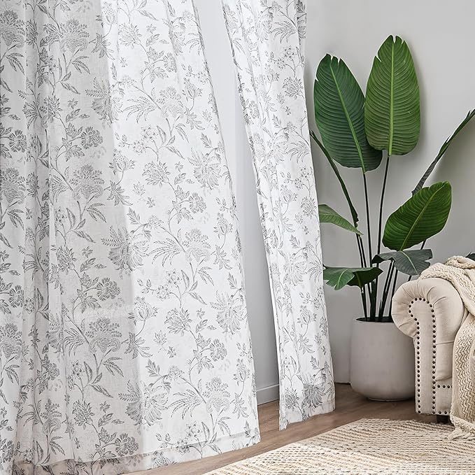 jinchan Linen Floral Curtains for Living Room, 84 Inch Length Curtains with Printed Flower Light Filtering Curtain, Rod Pocket Back Tab Gray Window Curtain Set, 2 Panels Light Grey on White - Image 7