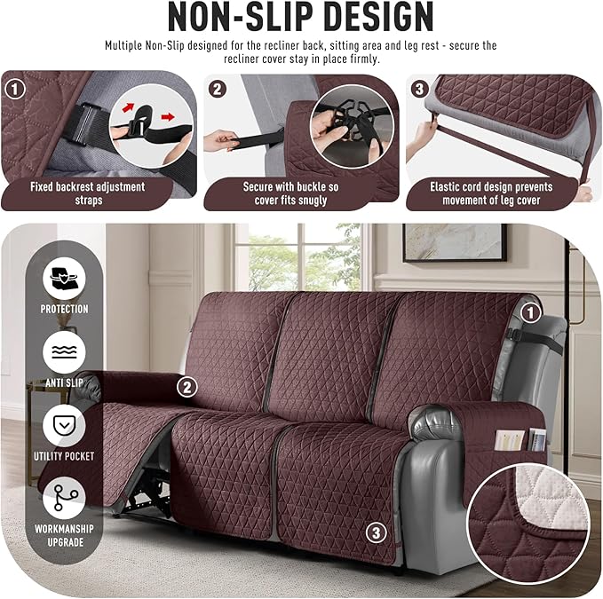 TAOCOCO 100% Waterproof Recliner Cover, Non-Slip Washable Reclining Couch Cover with Elastic Leg Straps, Furniture Protector for Dogs (Coffee, 3 Seater) - Image 5