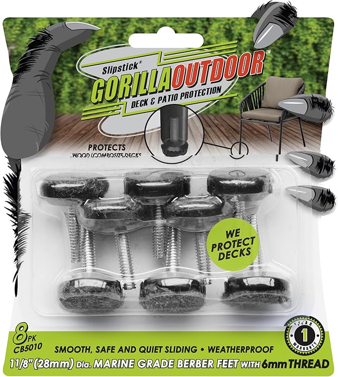 Slipstick Gorilla Outdoor Adjustable Furniture Levelers (8 Pack) Weatherproof Screw in Leg Glides for Chairs, Tables, and Outdoor Furniture Feet, 1-1/8 Inch Berber Glide, M6 Thread by Slipstick