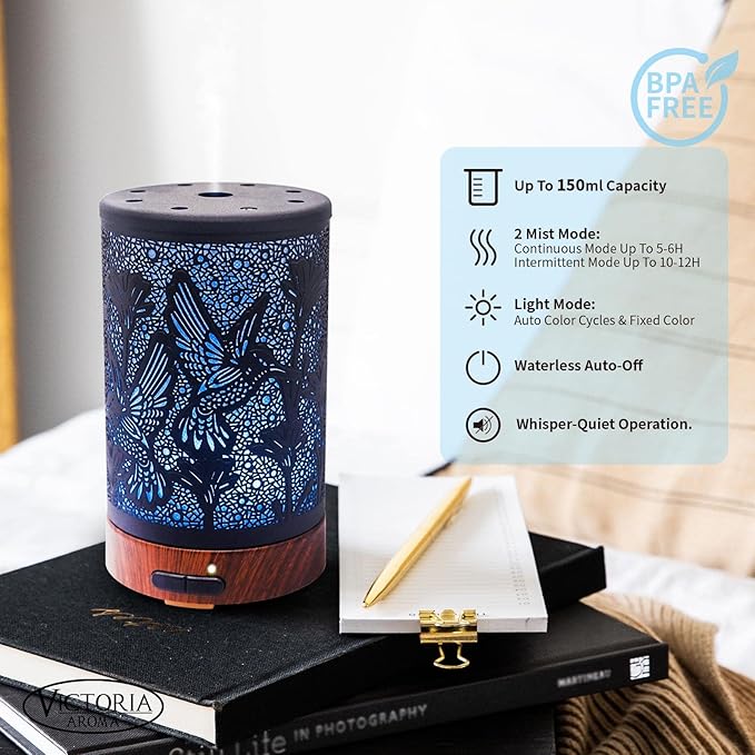Essential Oil Diffuser - Multifunction Aromatherapy Diffuser 7 LED Color Changing Light 150ML Metal Diffuser Easy to Clean Suitable for Home,Office (Hummingbird) - Image 2