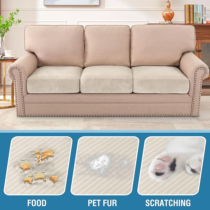 H.VERSAILTEX Velvet Stretch Couch Cushion Cover Plush Cushion Slipcover for Chair Loveseat Sofa Cushion Furniture Protector Seat Cushion Sofa Cover (3 Piece Sofa Cushion Covers, Ivory Striped) - Image 3