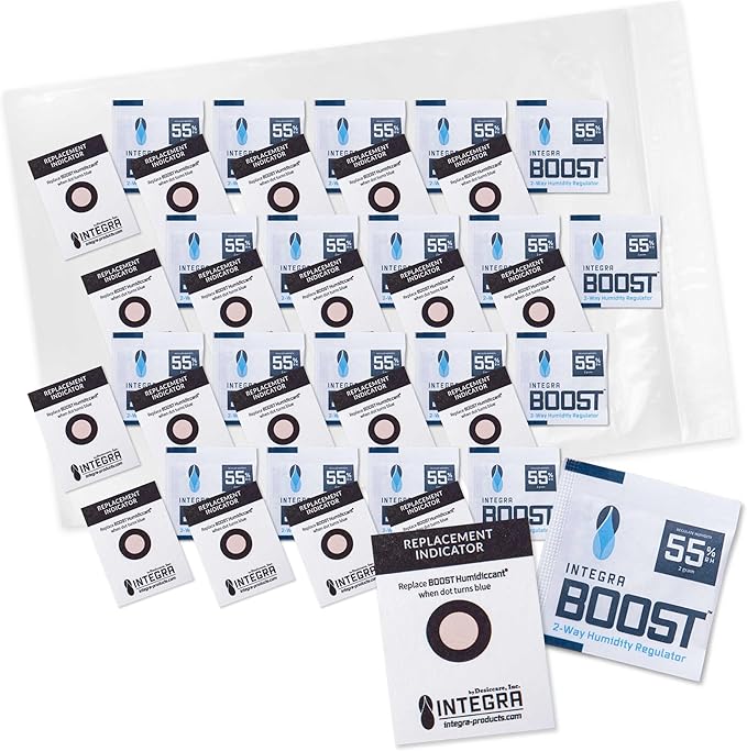 Integra Boost - 55% RH Level - 2 Gram Size - Two-Way Humidity Control Pack - Includes Humidity Indicator Cards - Humidity Balancer Packet For Packaged Foods & Herbs Storage (Pack of 20) by IntegraSpecialtyProducts