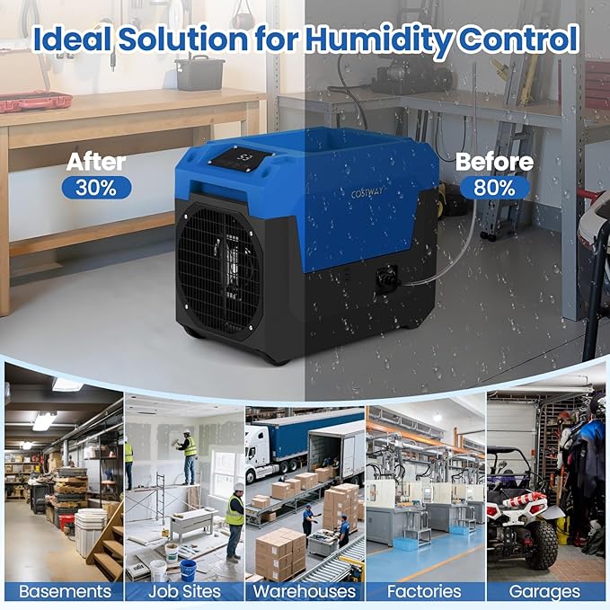 COSTWAY 140 Pints Commercial Dehumidifier with Pump, Portable Industrial Dehumidifier with Drain Hose for Basements, Job Sites, Water Damage Restoration (Blue) - Image 7