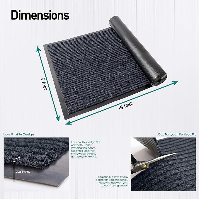 Durable Rubber Door Mat - Heavy Duty, Indoor/Outdoor, Easy Clean, Waterproof, Low-Profile Mat for Entry, Patio, Garage - Stylish (Charcoal, 16' x 3' (Mud Trapper)) - Image 2