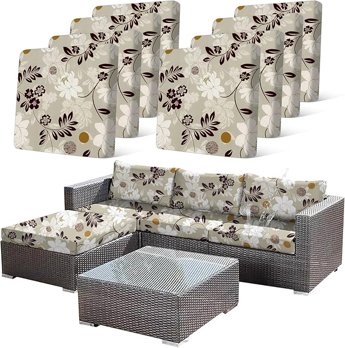 8 Pcs Waterproof Patio Cushion Covers, Floral Printed Stretch Outdoor Sofa Cover for Patio Furniture, Washable Chair Covers Reusable Furniture Protector for Fall Decor (Brown, Cover Only) by CALBODE