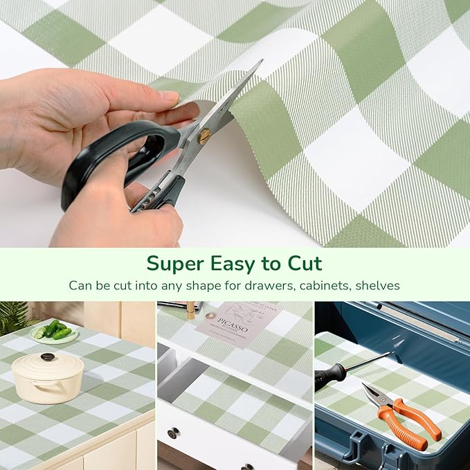 Practical Gingham Green Shelf Liner, Non-Adhesive Drawer Liner Non-Slip Cabinet Liner for Kitchen, Pantry, Cupboard, Tool Box, Bathroom Organizing (17.5" x20ft) - Image 6