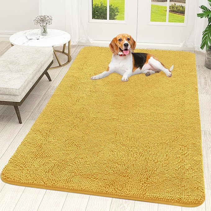 OLANLY Dog Door Mat for Muddy Paws 59x35, Absorbs Moisture and Dirt, Absorbent Non-Slip Washable Doormat, Quick Dry Chenille Mud Mat for Dogs, Entry Indoor Entryway Carpet for Inside Floor, Yellow by OLANLY