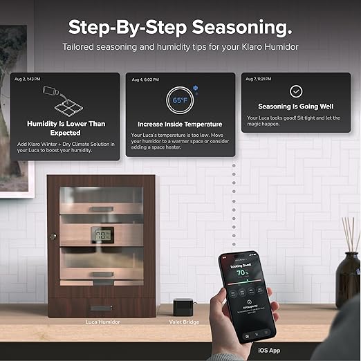 Klaro Valet - Smart Humidity & Temperature Hygrometer Sensor, App Notifications with Guided Seasoning, WiFi Bridge & Digital Display for 24/7 Remote Monitoring - Gunmetal Finish (iOS & Android App) - Image 3
