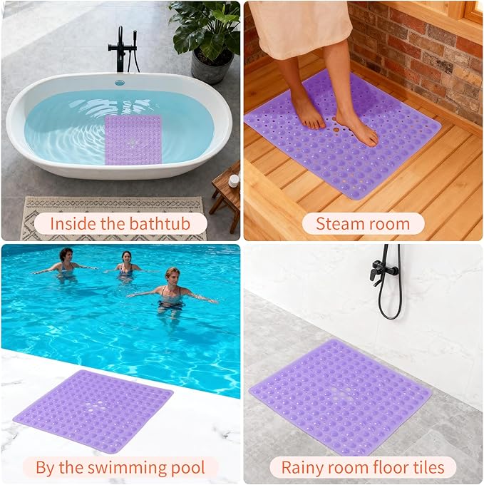 Anti-Slip Bathtub Shower mat, 20.8×20.8（Approximately 53×53cm） inch Soft Oversized Machine Washable Non-Slip Bathtub mat with Drainage Holes, Bathroom Floor Suction Cup.（1- Clear Purple） - Image 6