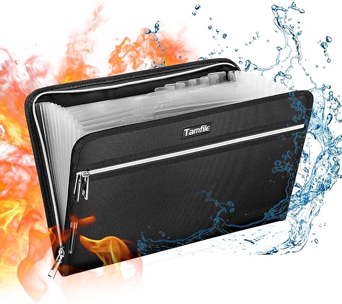 Fireproof Safe Accordion File Organizer Bag Folder,Waterproof Expanding Filing Folder with 14 Pockets, A4 Letter Size, Document Organizer Holder and Color Labels /2 Zipper (Black 14.3" x 9.8") by Tamfile