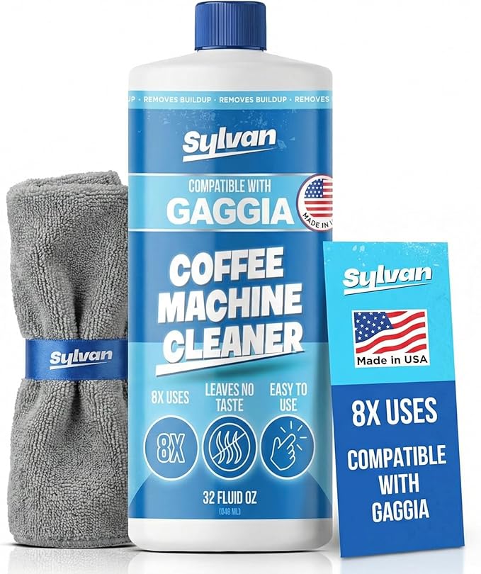 Descaling Solution Compatible with Gaggia | Free Cleaning Cloth | 12 Month Supply | Made in the USA | Descaling Kit for all Gaggia Machines | 32 Oz | Coffee Machine Cleaner for Espresso Makers by SylvanHills