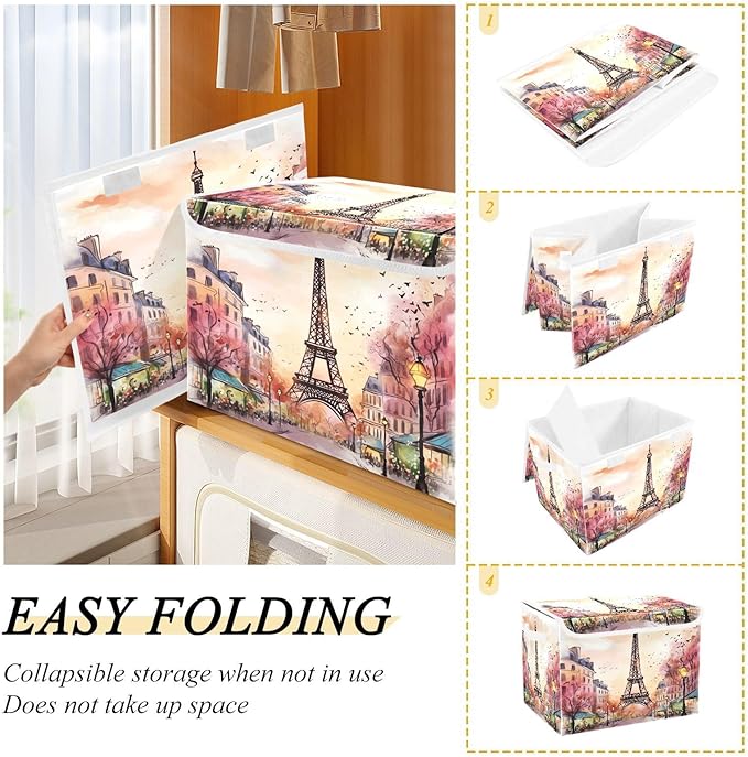 xigua Watercolor Paris Storage Bins with Lids and Carrying Handle,Foldable Storage Boxes Organizer Containers Baskets Cube with Cover for Home Bedroom Closet Office - Image 4