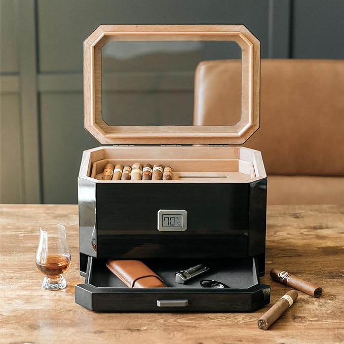 CASE Elegance Large Octodor Black Cedar Humidor with Digital Hygrometer, Humidification System and Accessory Drawer - Can Hold (50-100 Cigars) - Image 2