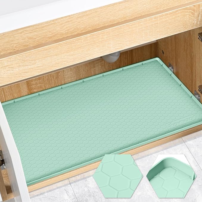Waterproof Under Sink Mat 34" x 22", Silicone Cabinet Liner, Rubber Protector for Kitchen and Bathroom, Keeps Cabinets Clean, Dry, and Organized (Mint Green) by FORWOS