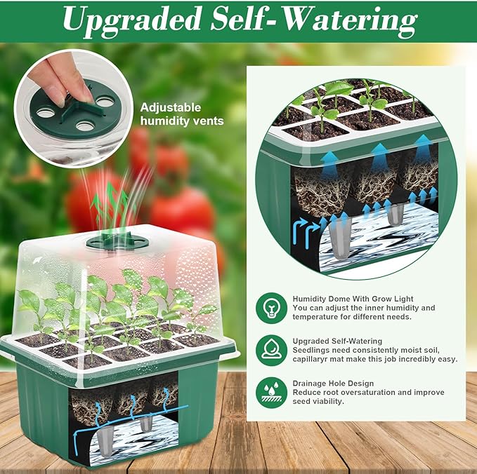 Mckanti 6 Set Self-Watering Seed Starter Tray Kits with Grow Light, Reusable Seed Germination Kit with Adjustable Humidity Domes and Silicone Cell Base Tray for Indoor Plant Seeds GerminationKit - Image 3