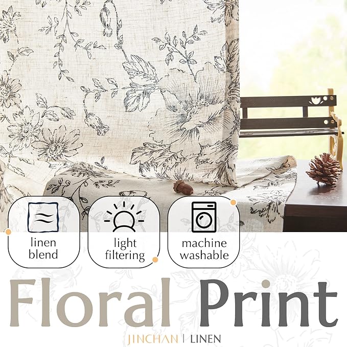 jinchan Linen Floral Curtains 96 Inch Length for Living Room Bedroom Light Filtering Farmhouse Peony Flower Drapes Rustic Window Curtain Set Rod Pocket Back Tab 2 Panels Black - Image 4