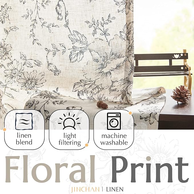 jinchan Linen Blend Curtain Floral Curtains for Living Room 102 Inch Length Black Printed Curtain Rod Pocket Back Tab Farmhouse Peony Flower Patterned Drapes Bedroom Window Curtains Set 2 Panels - Image 3