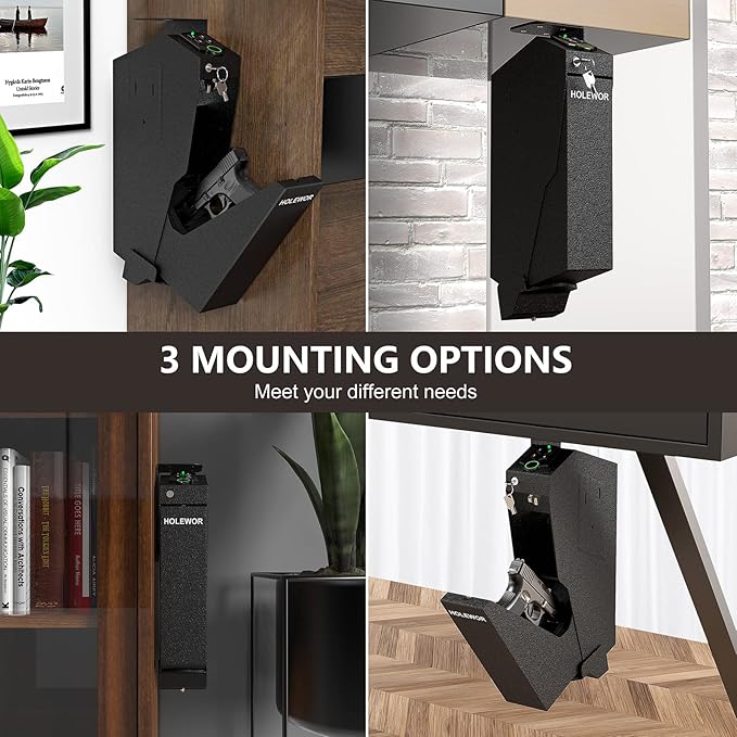 Gun Safe, Biometric Gun Safe for Handgun Drop Down Pistol Safe Mounted Single Handgun Safe with Fingerprint, Passcode, Key Access for Nightstand, Desk, Bedside - Image 6