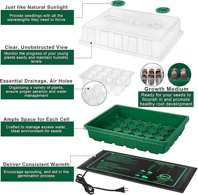 Seed Starter Kit with Grow Light Seedling Heat Mat 48 Cells Seed Starter Tray with Humidity Dome and Base Germination Trays Plastic Growing Trays Plant Propagation Kit for Seed Starting, Green - Image 5