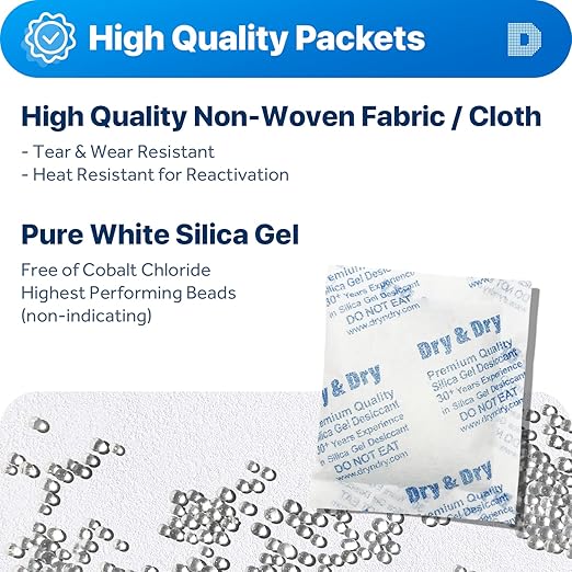 Dry & Dry [5 Pack] 50 Gram Premium Pure & Safe Silica Gel Packets Desiccant Dehumidifiers Silica Packets for Moisture- Rechargeable Fabric Moisture Absorbers - Image 2