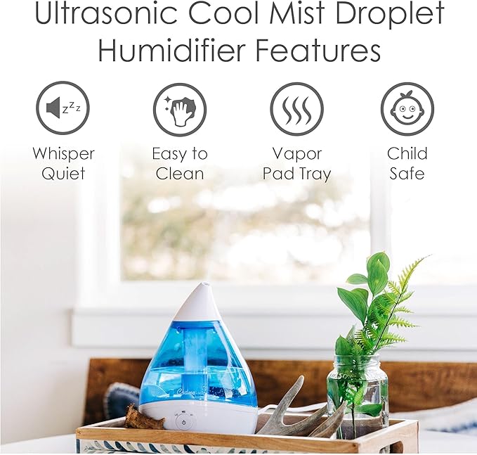 Crane Droplet Ultrasonic Teardrop Cool Mist Air Humidifier, 0.5 Gallon for Bedroom and Office, Blue and White, Nursery Humidifier - Image 2