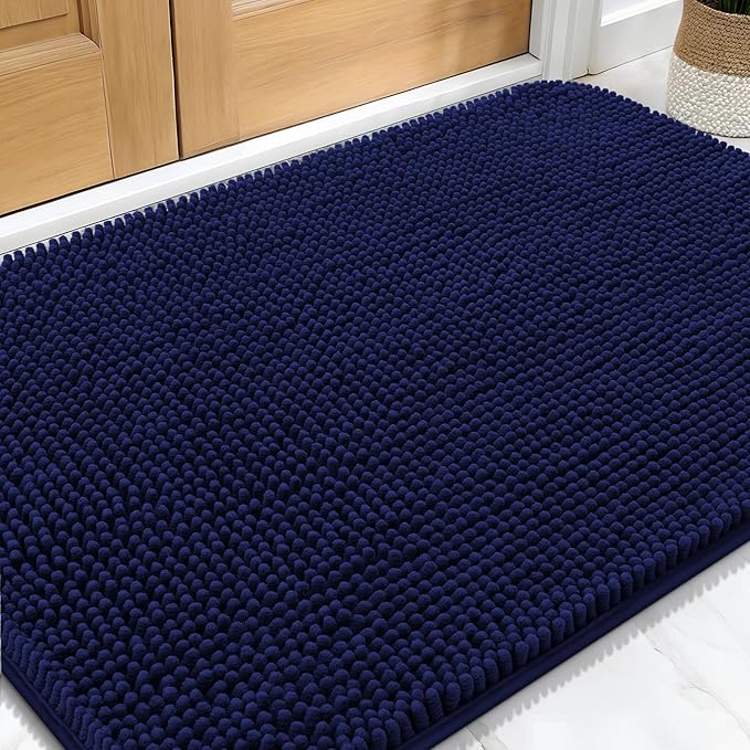 OLANLY Dog Door Mat for Muddy Paws 34x21, Absorbs Moisture and Dirt, Absorbent Non-Slip Washable Doormat, Quick Dry Chenille Mud Mat for Dogs, Entry Indoor Entryway Carpet for Inside Floor, Navy Blue by OLANLY