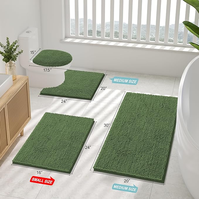 Smiry Luxury Chenille Toilet Rugs U-Shaped 24x20, Soft Absorbent Non-Slip Contour Bathroom Rugs for Toilet, Machine Washable Contoured Bath Mats, Olive Green - Image 2