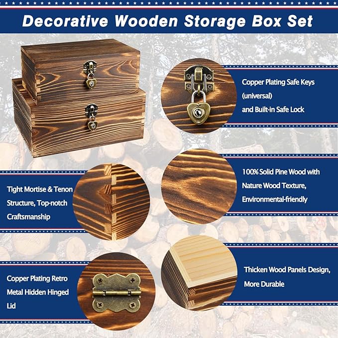 Wooden Box with Lock and Keys Hinged Lid Treasure Chest Memory Hobby Preservation Rustic Decorative Archival Organizer Jewelry Gadget Trinkets Keepsake Wood Storage Boxes 2 Pack Smokey Color - Image 2