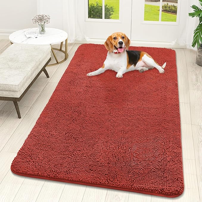 OLANLY Dog Door Mat for Muddy Paws 59x32, Absorbs Moisture and Dirt, Absorbent Non-Slip Washable Doormat, Quick Dry Chenille Mud Mat for Dogs, Entry Indoor Entryway Carpet for Inside Floor, Maple Red by OLANLY