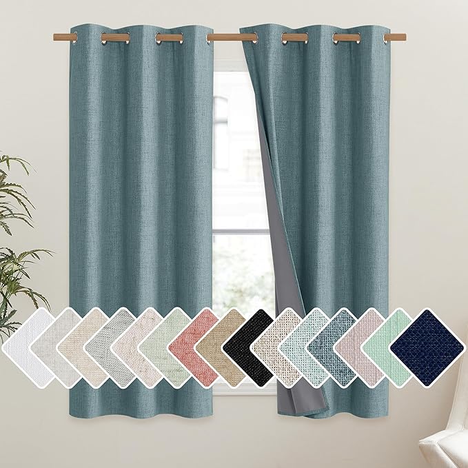 NICETOWN 100% Absolutely Blackout Linen Curtains with Thermal Insulated Liner, Skylark Blue, 42" Wide, 54" Length Energy Saving Curtains for Dining Room 2 Panels Set, Vertical Blinds by NICETOWN