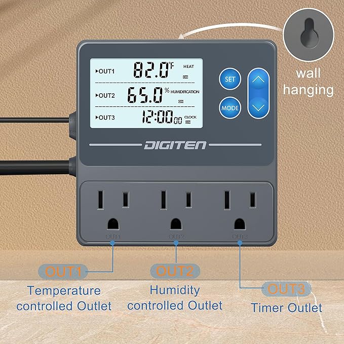 DIGITEN Reptile Temperature and Humidity Controller with Timer Outlet, Day-Night Function Thermostat, 3-Stage Outlet Plug in Temperature Controller for Reptile, Mushroom, Homebrew - Image 5
