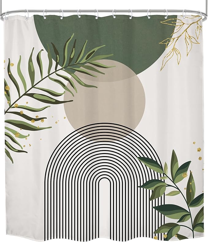 Sage Green Boho Shower Curtain 72Wx78H Modern Abstract Green Gold Leaves Bohemian Plant Botanical Minimalist Arch Bathroom Decor Geometric Neutral Bath Curtain Fabric Polyester 12 Pack Hook - Image 7