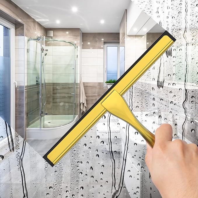 All-Purpose Stainless Steel Shower Squeegee for Shower Doors with 2 Adhesive Hooks, Bathroom Cleaner Tool Household Window Mirror Squeegee for Home Cleaning, Glass Door, Tile Wall, Car, 10 Inch Golden - Image 3