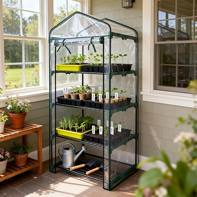 Worth Garden 4 Tier Mini Greenhouse - 63'' H x 27'' L x 19'' W - Sturdy Portable Gardening Shelves with PVC Cover - Small Green House Use in Indoor & Outdoor for Plants Flowers - Image 2