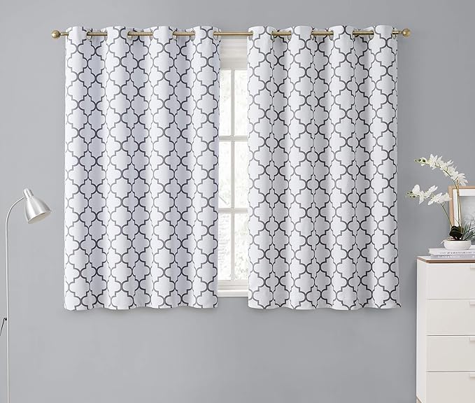 HLC.ME Lattice Print Decorative Curtains Blackout 54 Length - Thermal Insulated Room Darkening Grommet Window Drapes Panels for Basement Windows - Platinum White & Grey - Set of 2-52 x 54 Inch by HomeLinenCollections