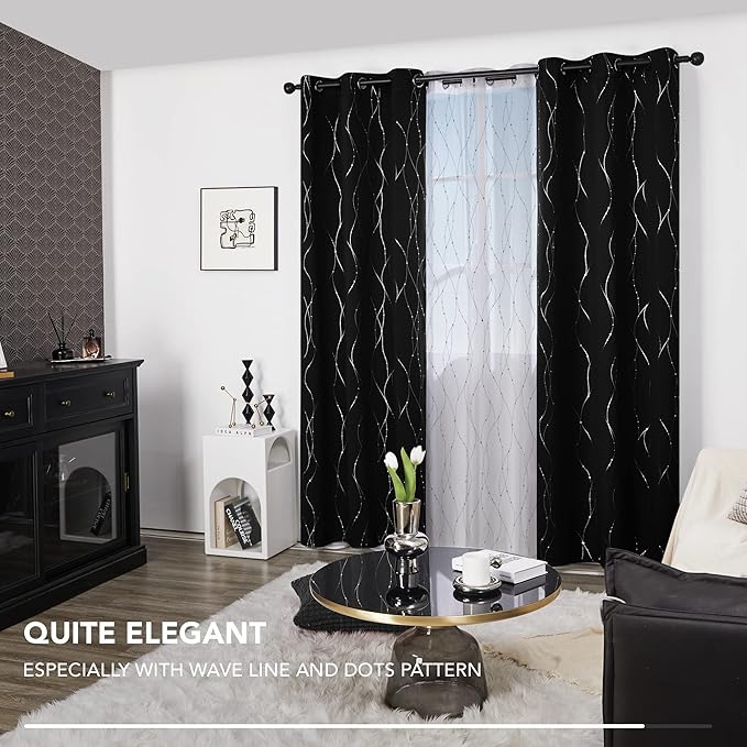 Deconovo Blackout Curtains, Black Curtain, Thermal Insulated Noise‑Reducing Drapes, Wave Line Dot Foil Print, 38 x 84 Inch Long, 2 Panels, Machine‑Washable Window Curtains for Bedroom Living Room - Image 4