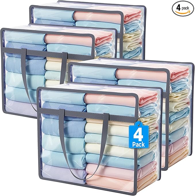 Budding Joy Clear Zippered Storage Bags for Clothes,40L Closet Organizers and Storage Containers Vinyl Moving Bag for Bedding, Linen, Blankets, Comforters, Clothing & Toys, Grey, 4 Pack by BuddingJoy-BuildaJoyfulLifeforYou