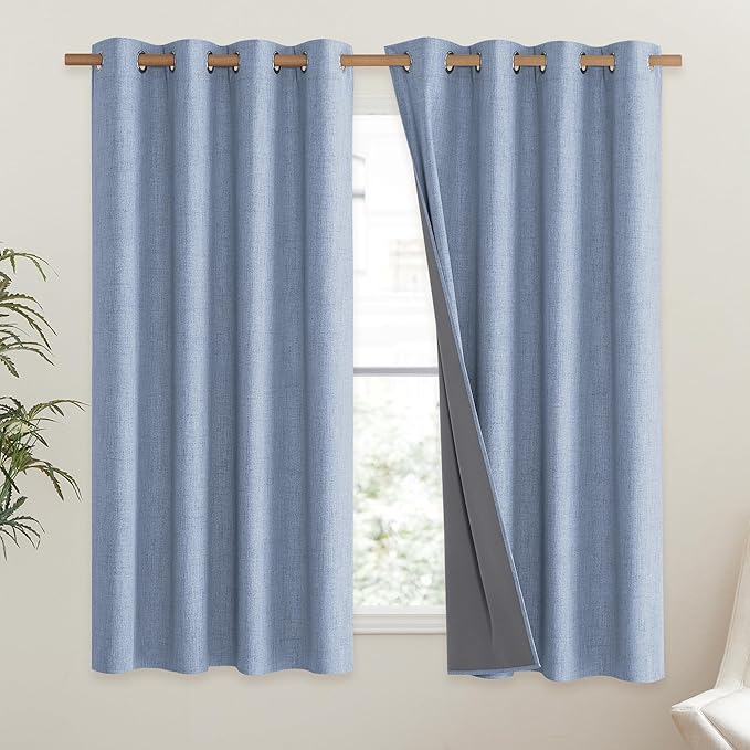 NICETOWN Stone Blue Vintage Linen 100% Blackout Curtains for Living Room, Thermal Insulated Curtains 48" Long, Noise Reducing Window Treatment Drapes for Hall Room, 52" Wide Per Panel, Set of 2 - Image 2