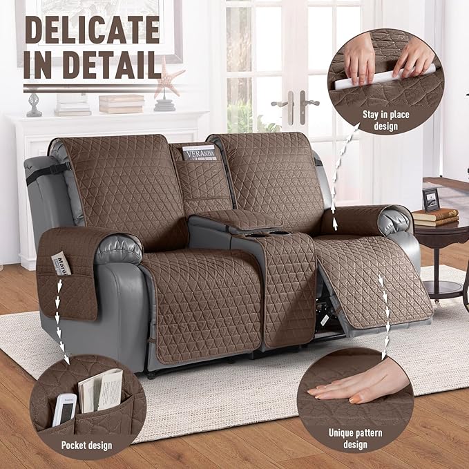 TAOCOCO 100% Waterproof Loveseat Recliner Couch Sofa Covers with Console,Double Reclining Couch Cover Non-Slip Sofa Slipcovers Washable,Furniture Protector Covers for Kids,Pets(2 Seater,Brown) - Image 6