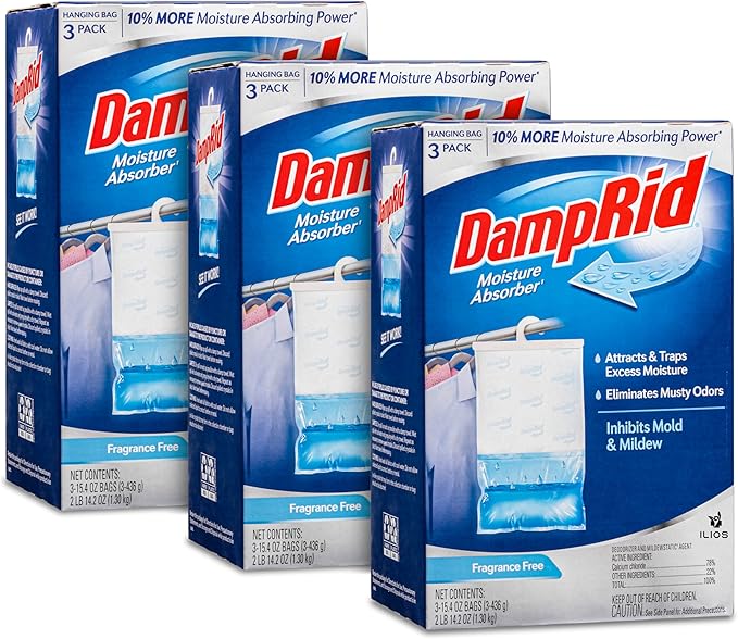 Damp Rid Hanging Bag Moisture Absorbers - 3 Packs of 3-15.4oz (Fragrance Free) - Closet Deodorizer Odor Eliminator, 10% More Moisture Absorbing Power - ILIOS Packaging by Ilios