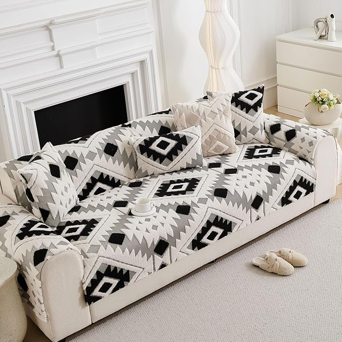 Boho Plush Couch Covers for Sofa Washable, Fuzzy Soft Couch Cover for Sectional Sofa, Non Slip Jacquard Sofa Cover Furniture Protector for Kids, Pets (Black,28"x59") - Image 7