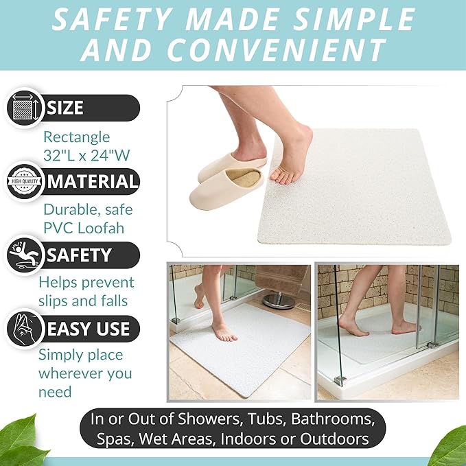 Enkosi Loofah Non-Slip Shower Mat - Shower Floors, Bathtub, Bathrooms, Wet Areas - Cushioned Bath Mat with Drain Holes - Quick Dry PVC, Secure Safety Pad Without Suction Cups (32x24 White) - Image 3