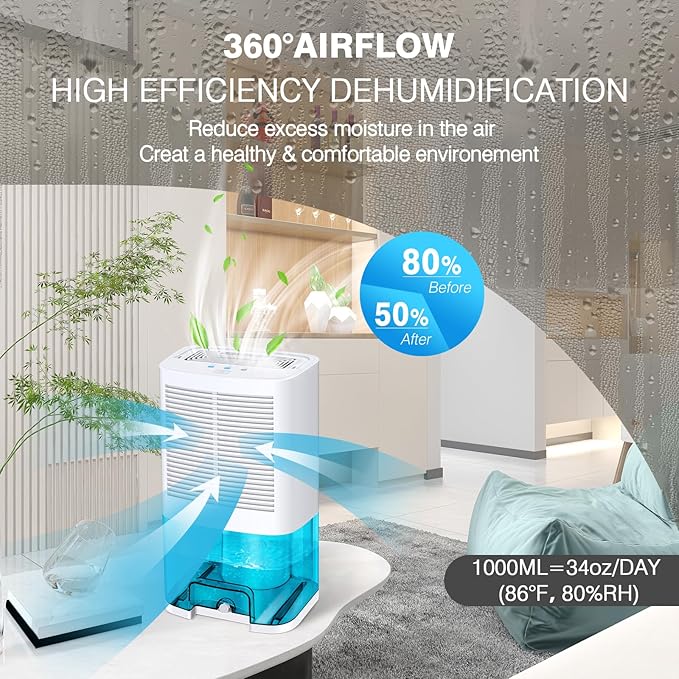 Dehumidifier 68oz(2000ml) Small Dehumidifier with Drain Hose for Up to 650 sq.ft Ultra Quiet Mini Portable Air for Home Basements Bathroom Bedroom Closet Kitchen RV - Image 2